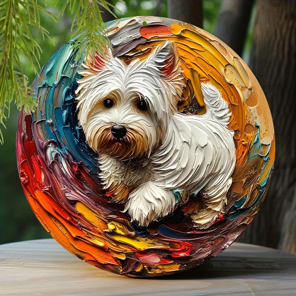 

1pc 8x8 Inch Spring Aluminum Tin Sign Faux Resin Painting Round Wreath Decorative Sign Living Room Decoration Thanksgiving Day Gifts West Highland White Terrier Theme Decoration