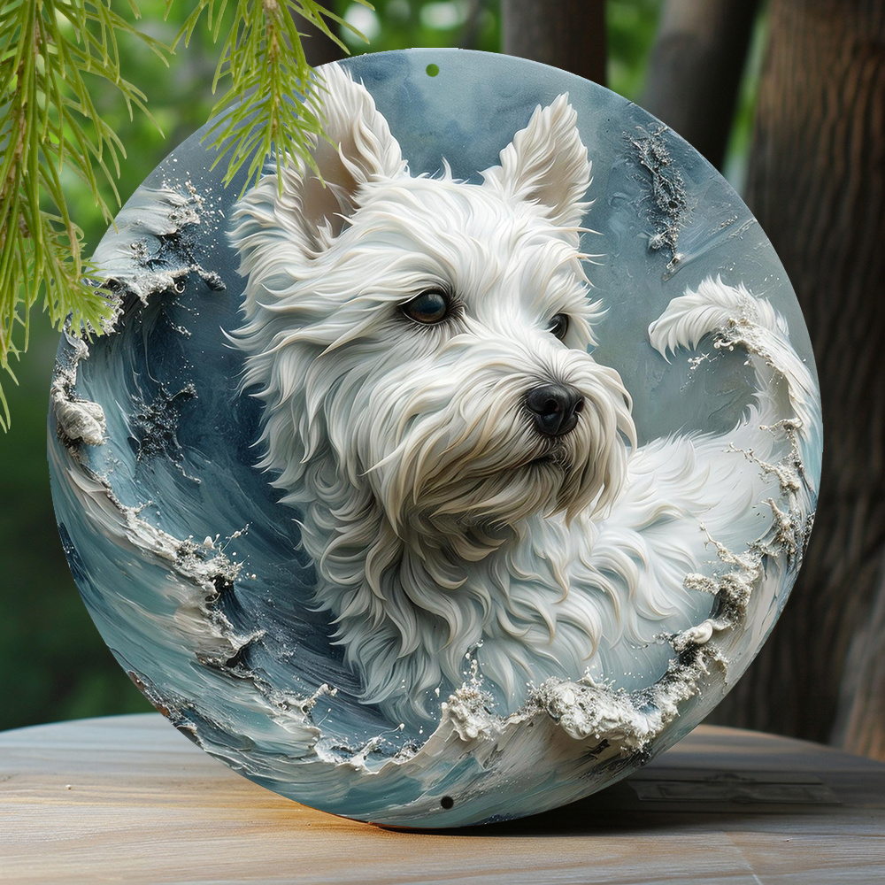 

1pc 8x8 Inch Spring Aluminum Tin Sign Faux Resin Painting Round Wreath Decorative Sign Living Room Decoration Valentine's Day Gifts West Highland White Terrier Theme Decoration