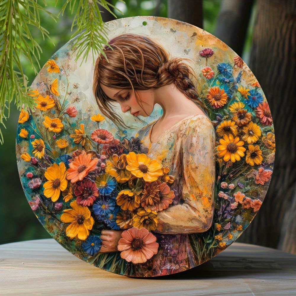 

1pc 8x8 Inch Spring Metal Sign Faux Resin Painting Round Wreath Decorative Sign Apartment Decoration Mother's Gifts Grateful Mother Holding A Bouquet Theme Decoration P224