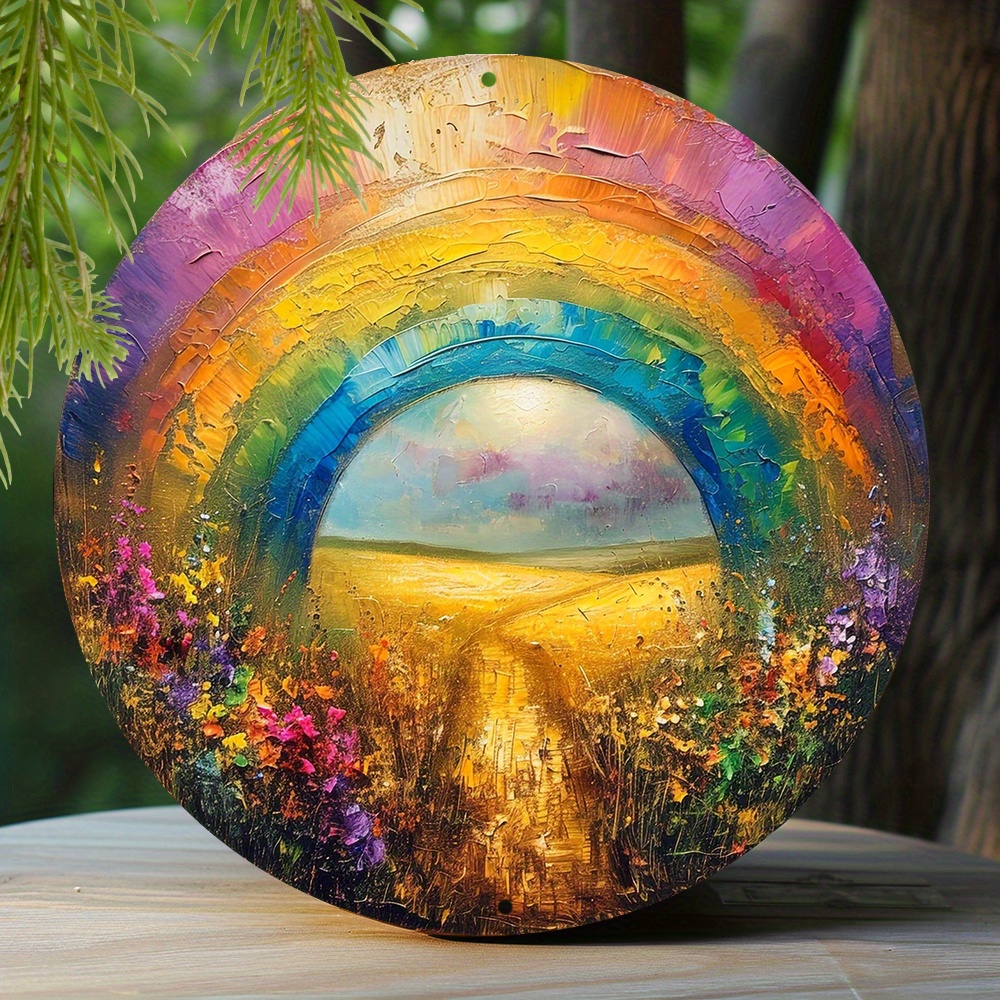 

1pc 8x8 Inch Spring Metal Sign Faux Resin Painting Round Wreath Decorative Sign Entrance Decoration Thanksgiving Day Gifts Rainbow Over Theme Decoration