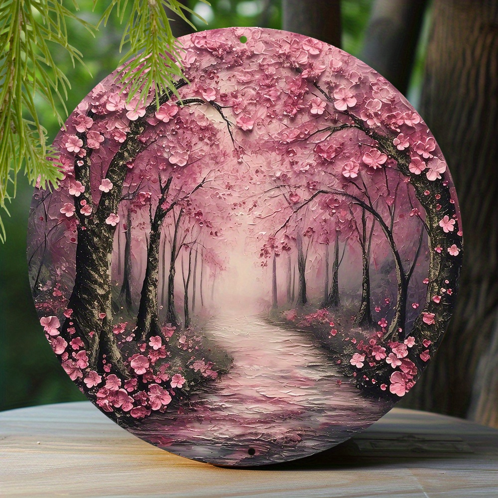 

1pc 8x8 Inch Spring Metal Sign Faux Resin Painting Round Wreath Decorative Sign Office Decoration Mothers Gifts Cherry Blossom Avenue Theme Decoration