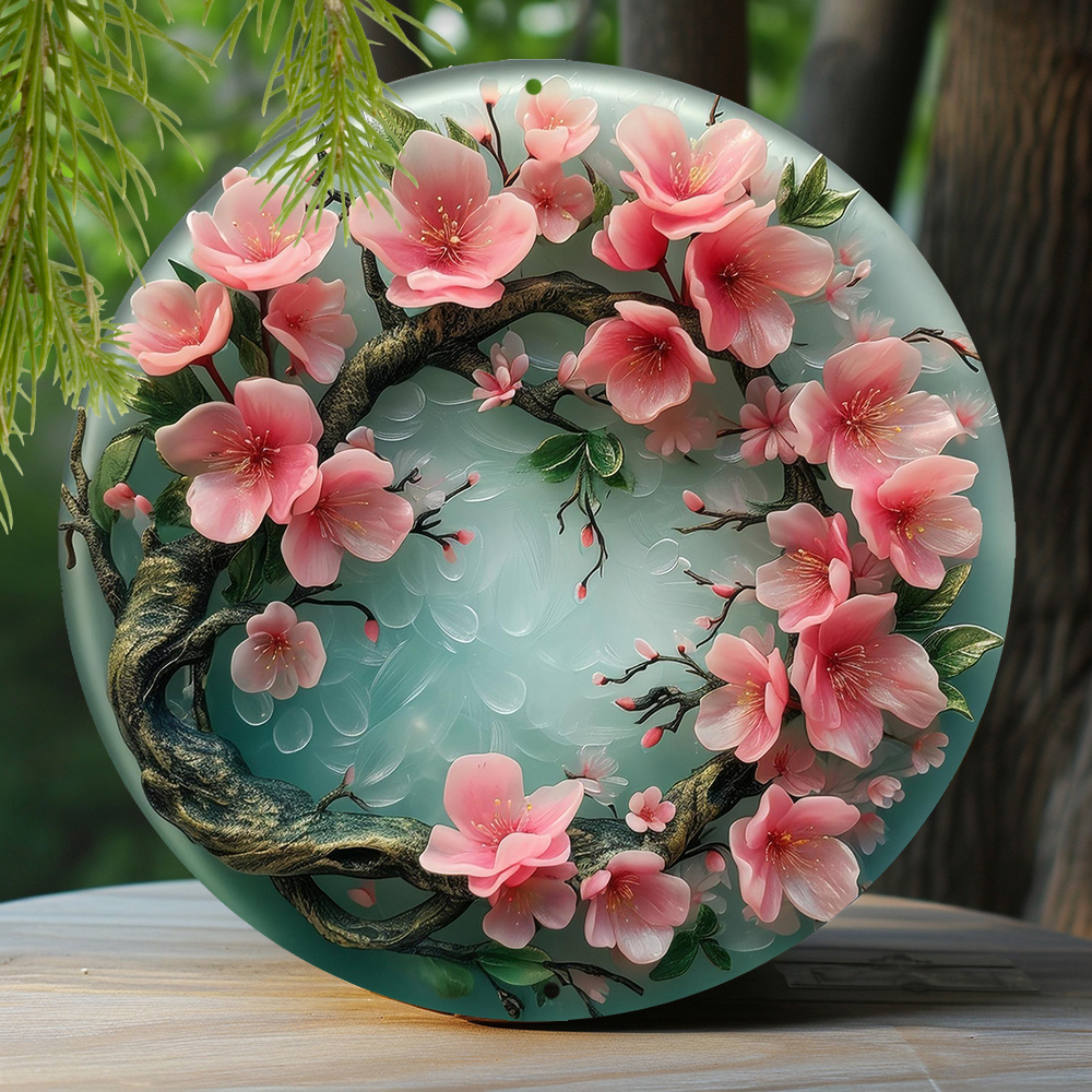 

1pc 8x8 Inch Spring Round Aluminum Sign Faux Resin Painting Round Wreath Decorative Sign Garden Decoration Mother's Day Gifts Spring Blossom Wreath Theme Decoration