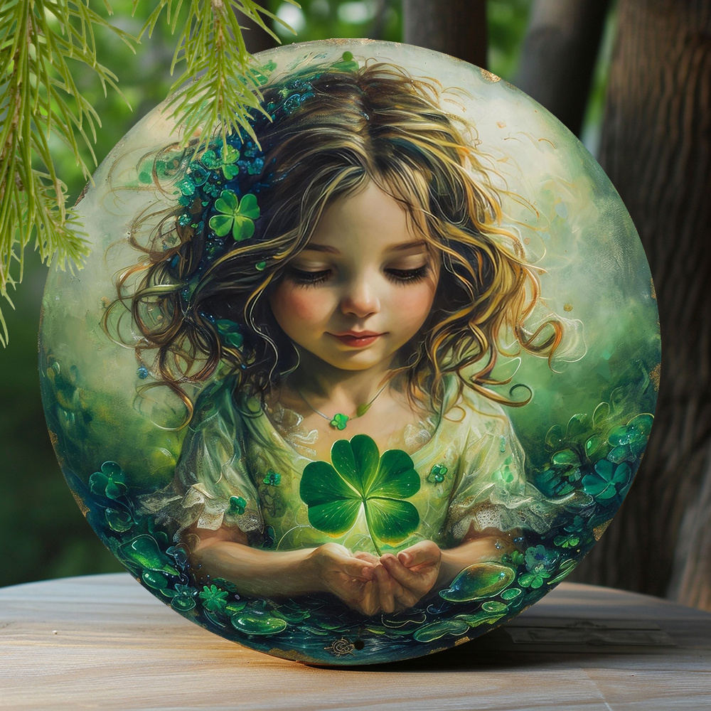 

1pc 8x8 Inch Spring Round Metal Sign Faux Resin Painting Round Wreath Decorative Sign Entrance Decoration Girls Gifts Child Holding A Four-leaf Clover Theme Decoration P436