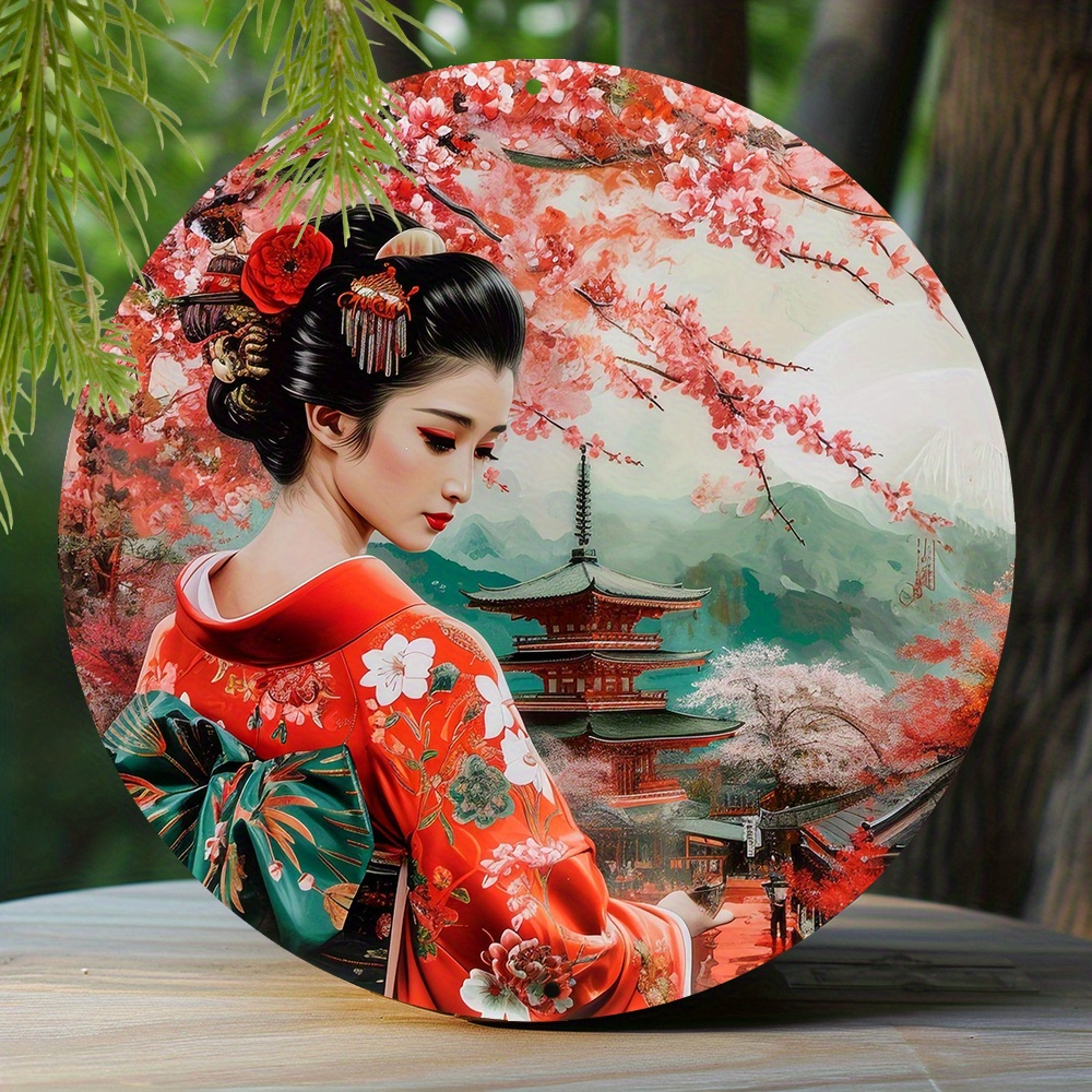 

1pc 8x8 Inch Spring Round Metal Sign Faux Resin Painting Round Wreath Decorative Sign Kitchen Decoration Mother's Day Gifts Japanese Kimono Theme Decoration