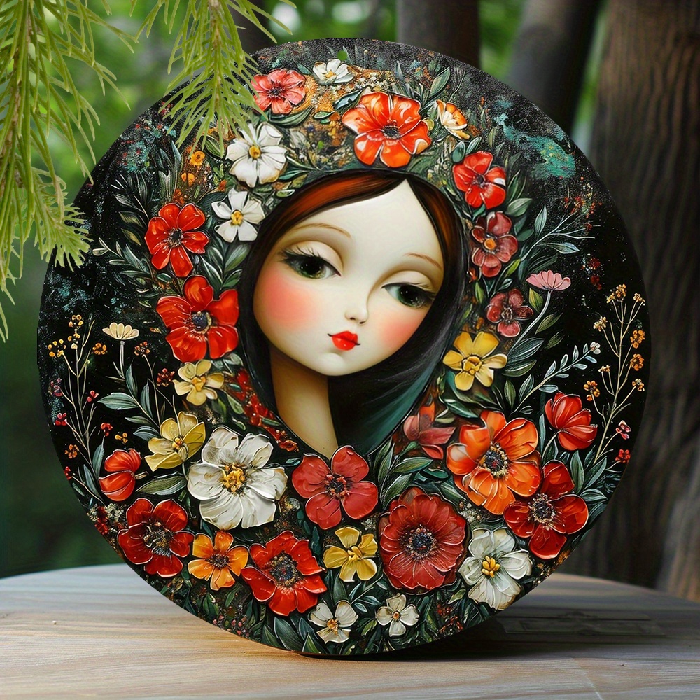 

1pc 8x8 Inch Winter Aluminum Metal Sign Faux Resin Painting Round Wreath Decorative Sign Apartment Decoration Girls Gifts Russian Matryoshka Dolls Theme Decoration P508