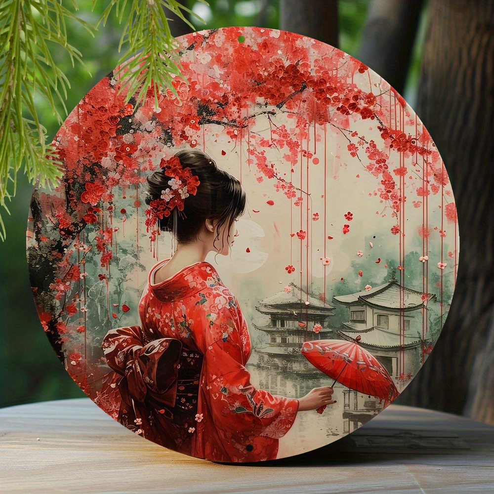 

1pc 8x8 Inch Winter Aluminum Metal Sign Faux Resin Painting Round Wreath Decorative Sign Bedroom Decoration Women Gifts Japanese Kimono Themed Decoration P486