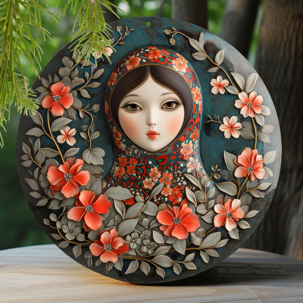 

1pc 8x8 Inch Winter Aluminum Metal Sign Faux Resin Painting Round Wreath Decorative Sign Living Room Decoration Mother's Day Gifts Russian Matryoshka Dolls Theme Decoration P504