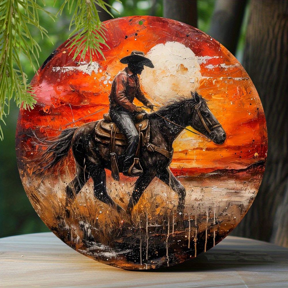 

1pc 8x8 Inch Winter Aluminum Tin Sign Faux Resin Painting Round Wreath Decorative Sign Entrance Decoration Mothers Gifts Western Cowboy Theme Decoration