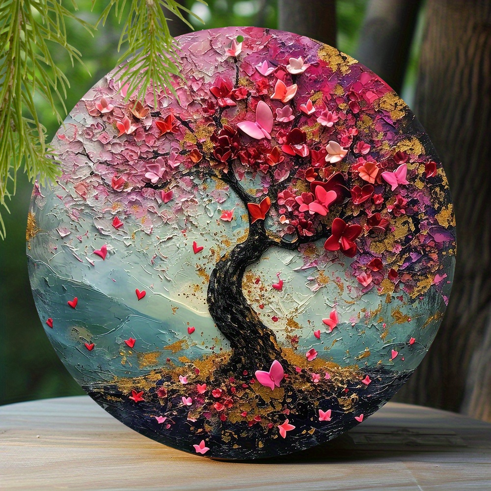 

1pc 8x8 Inch Winter Aluminum Tin Sign Faux Resin Painting Round Wreath Decorative Sign Garden Decoration Girls Gifts Valentine's Day Tree Theme Decoration