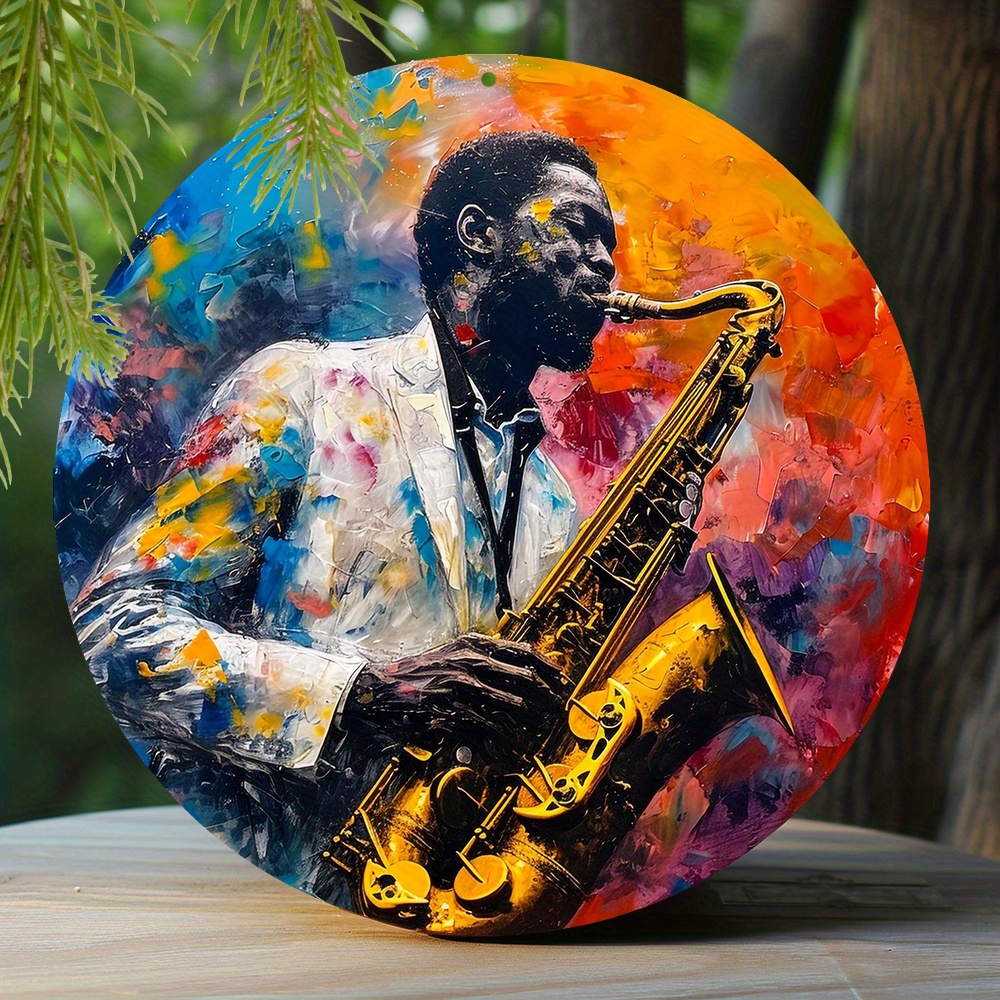 

1pc 8x8 Inch Winter Metal Sign Faux Resin Painting Round Wreath Decorative Sign Apartment Decoration Girls Gifts Jazz Music Theme Decoration P700