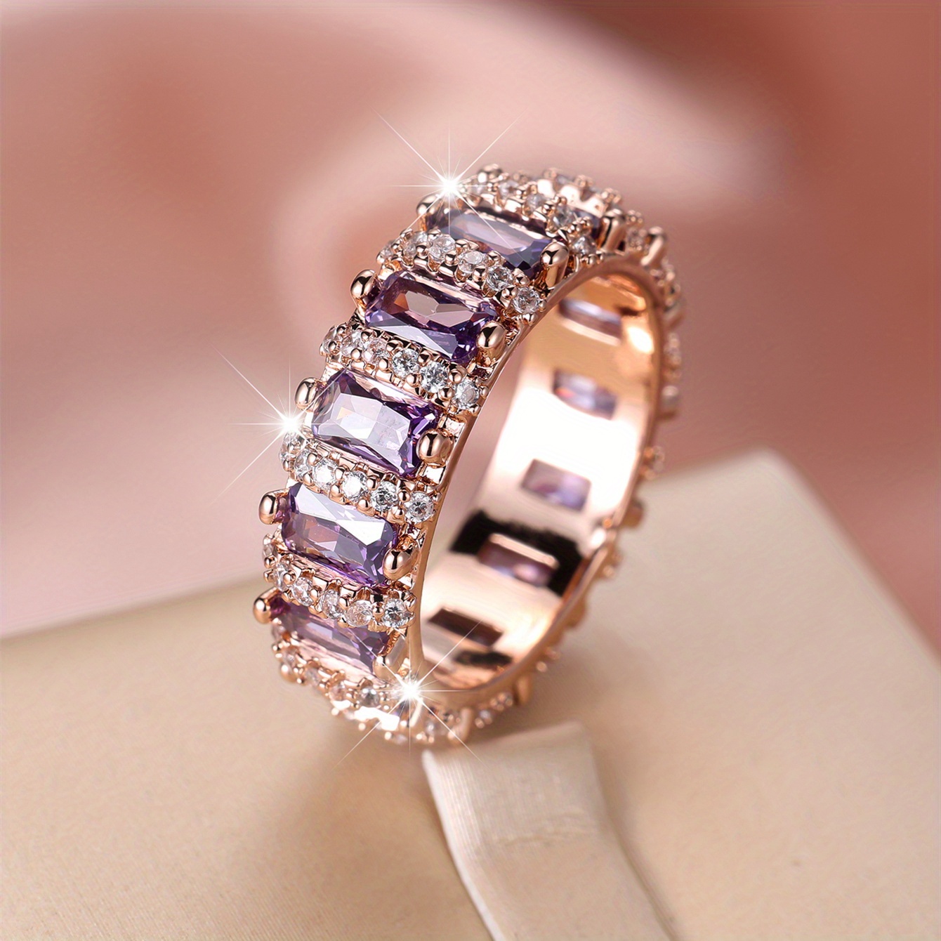 

Elegant Rose Golden-tone Band With Purple & Clear Cubic Zirconia - Luxurious Bling Wedding Ring For Brides, Ideal For Parties & Banquets