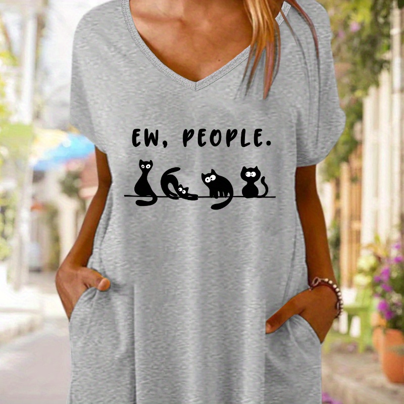

Cats & Letter Print Side Pockets T-shirt Dress, Short Sleeve V Neck Casual Dress For Summer & Spring, Women's Clothing