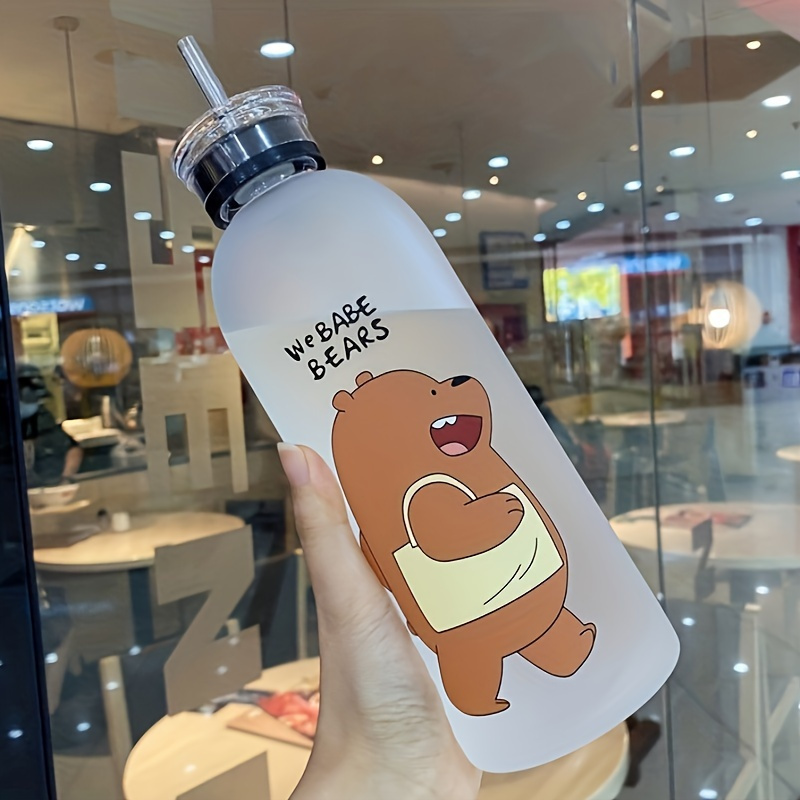 

1pc 33.81oz Portable Frosted Cartoon Bear Water Bottle With Straw, Perfect For Outdoor Sports And Fitness