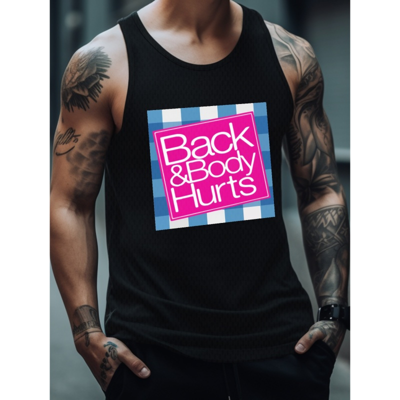 

Plus Size Phrase Back & Body Hurts Print Men's Casual Breathable Sports Tank Top For Summer Fitness