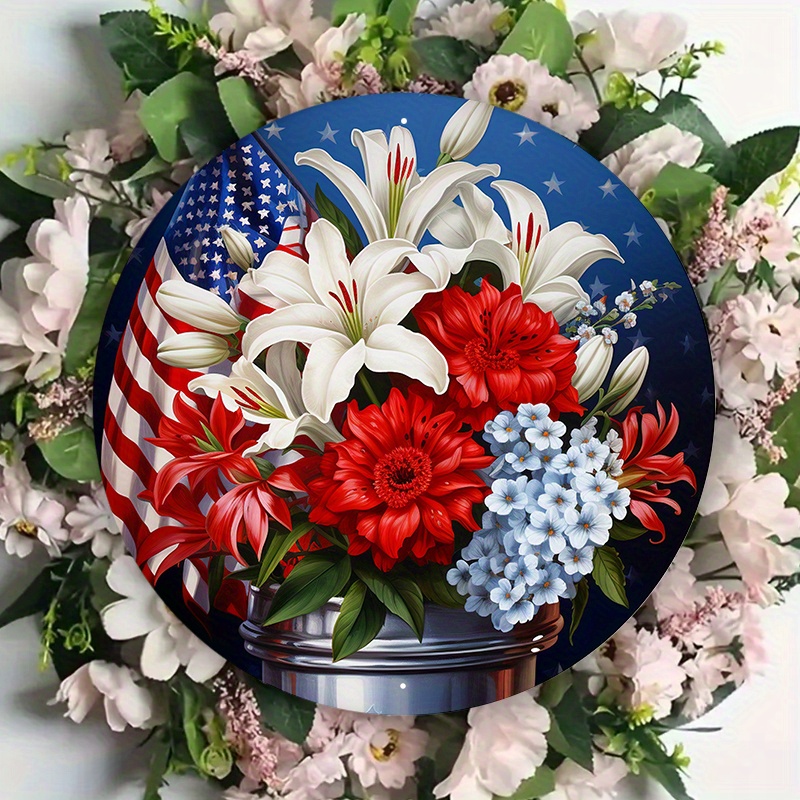 

1pc 8x8in Aluminum Metal Sign, Valentine's Day Sign, Flowers With A Patriotic Image, Suitable For Various Scenarios