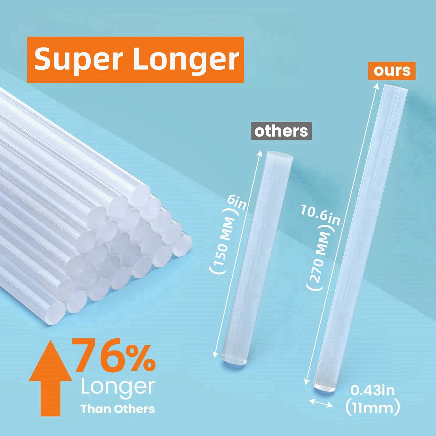 50pcs of extra long and large size transparent safe and non toxic hot melt glue sticks 0 43 x 10 63 inches x 50 pcs smooth glue flow suitable for most glue guns on the market