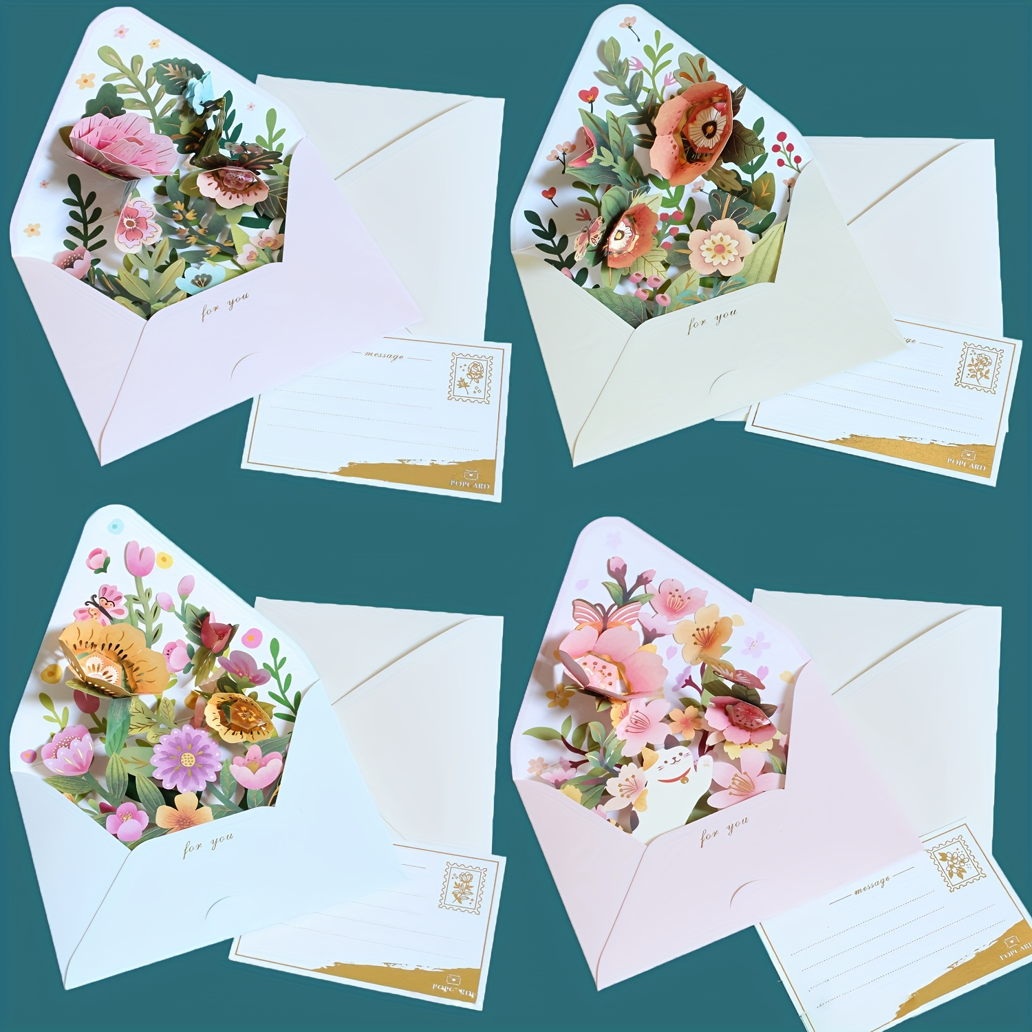 

4pcs, Pop Up Cards Set, 3d Flowers Greeting Cards With Envelope And Tag, Cards For Birthday Anniversary Thanksgiving Day Thank You Mothers Day Fathers Day