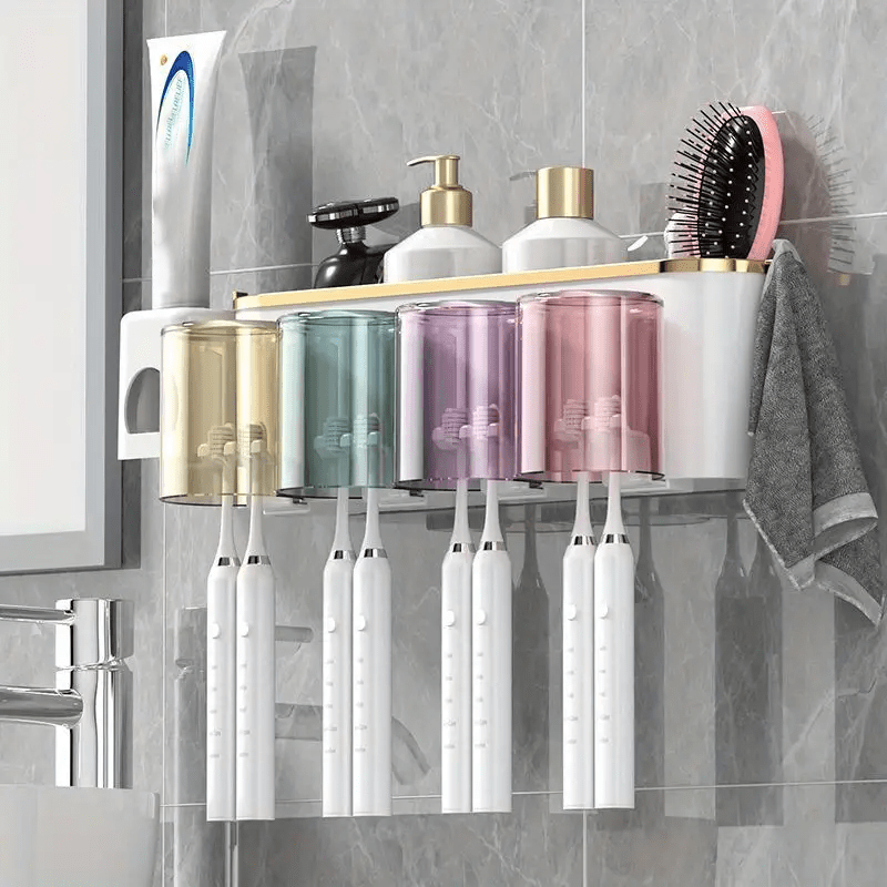

1pc, Wall-mounted Toothbrush Holder With Cups, Bathroom Storage Rack, Toothpaste Organizer, Space-saving, For Home & Bathroom Use