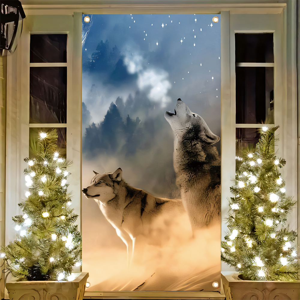 

1pc, 70x35 Inch Door Cover Banner, Vinyl, Animals Wolfs Pattern Door Cover, Porch Sign Background Farmhouse Holiday Party Front Door Hanging Indoor Outdoor Banner Home Bedroom Decor