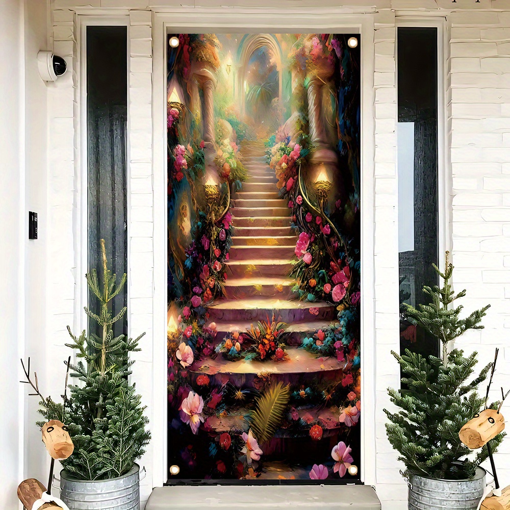 

1pc, 70x35 Inch Door Cover Banner, Vinyl, Fantasy Flower Path Pattern Door Cover, Porch Sign Background Farmhouse Holiday Party Front Door Hanging Indoor Outdoor Banner Home Bedroom Decor