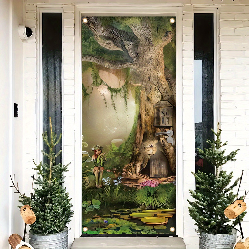 

1pc, 70x35 Inch Door Cover Banner,vinyl, Magic Forest House Fantasy Door Cover, Porch Sign Background Farmhouse Holiday Party Front Door Hanging Indoor Outdoor Banner Home Decor