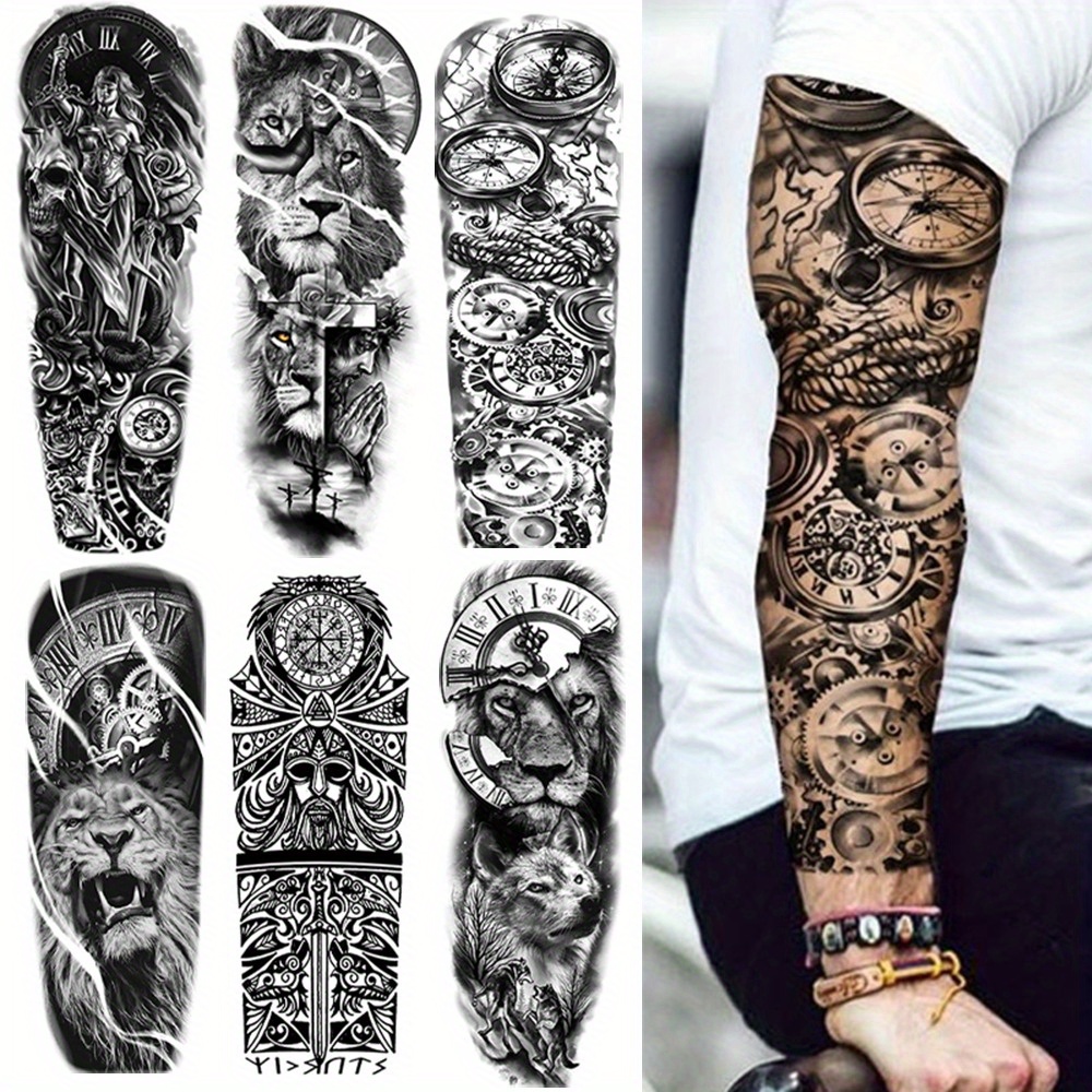 

6-piece Oversized Temporary Tattoos For Men & Women - Knight, Lion, Clock, Compass Designs | Waterproof & Sweatproof Full Arm Stickers | Lasts 3-7 Days