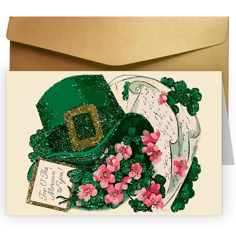 

St. Patrick's Day Card With Irish Top Hat And Shamrocks, Vintage Style