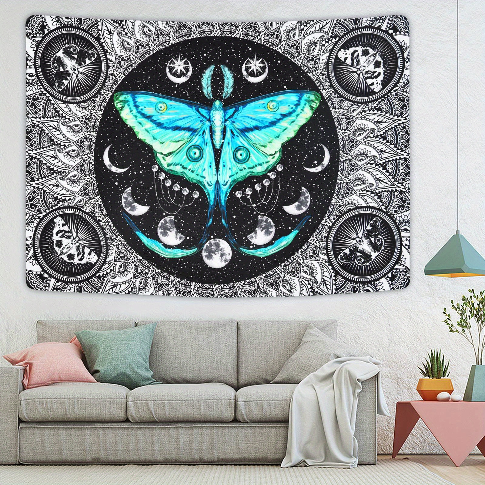 

1pc, Vinyl Moth Tapestry Moon Phase Tapestry Psychedelic Eyes Tapestry Moon And Stars Tapestry Black And White Tapestry Wall Hanging For Room