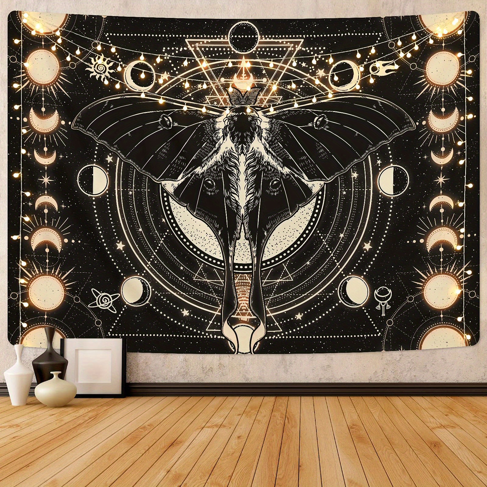 

1pc, Vinyl Moon Phase Tapestry Vintage Butterfly Tapestry Psychedelic Moth Tapestry Black Moon And Stars Tapestries Aesthetic Wall Art Tapestry Wall Hanging For Room