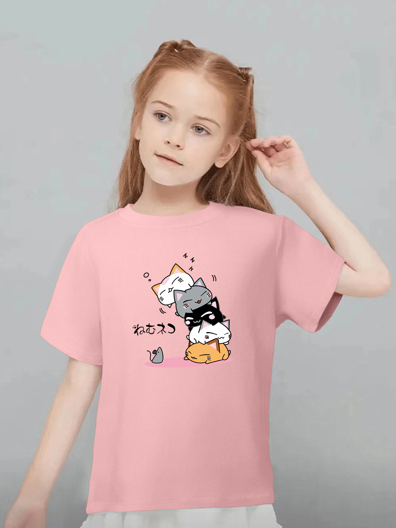 Cute Cartoon Cats Letters Graphic Print Girls' Casual Crew Temu New