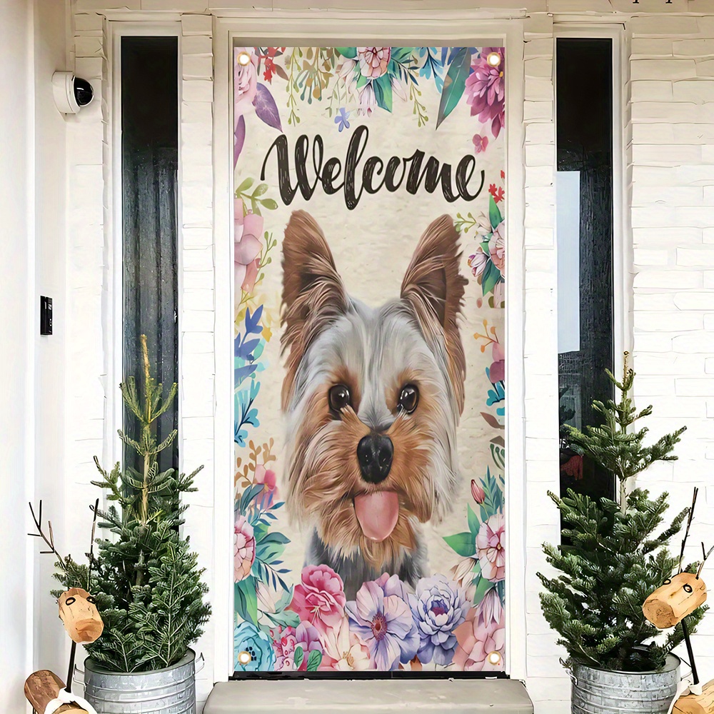 

1pc, 70x35 Inch Door Cover Banner,vinyl, Front Door Decoration, Photo Background Welcome Banner,welcome Summer Golden Retrievers, Rottweilers And Winter Flowers And Dogs