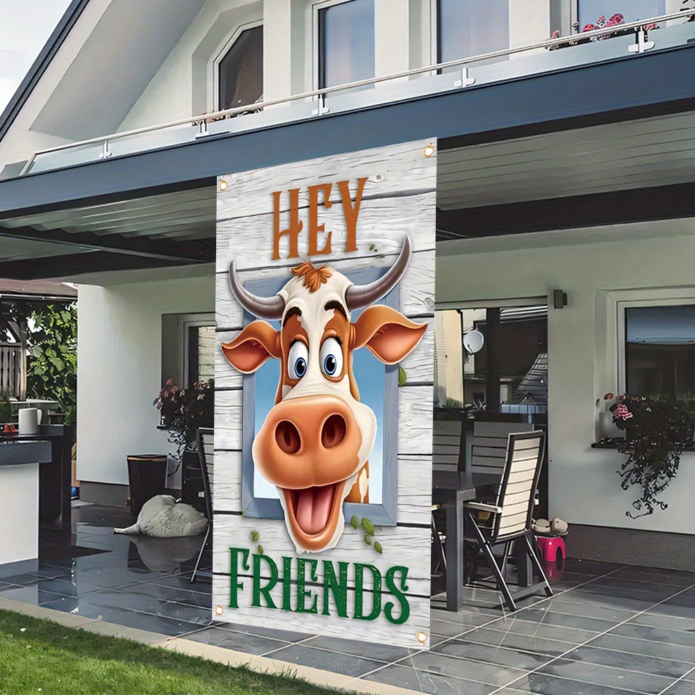 

1pc, 70x35 Inch Door Cover Banner,vinyl, Front Door Decoration, Photo Background Welcome Banner,hey Friends, Cow Funny Farm Sign