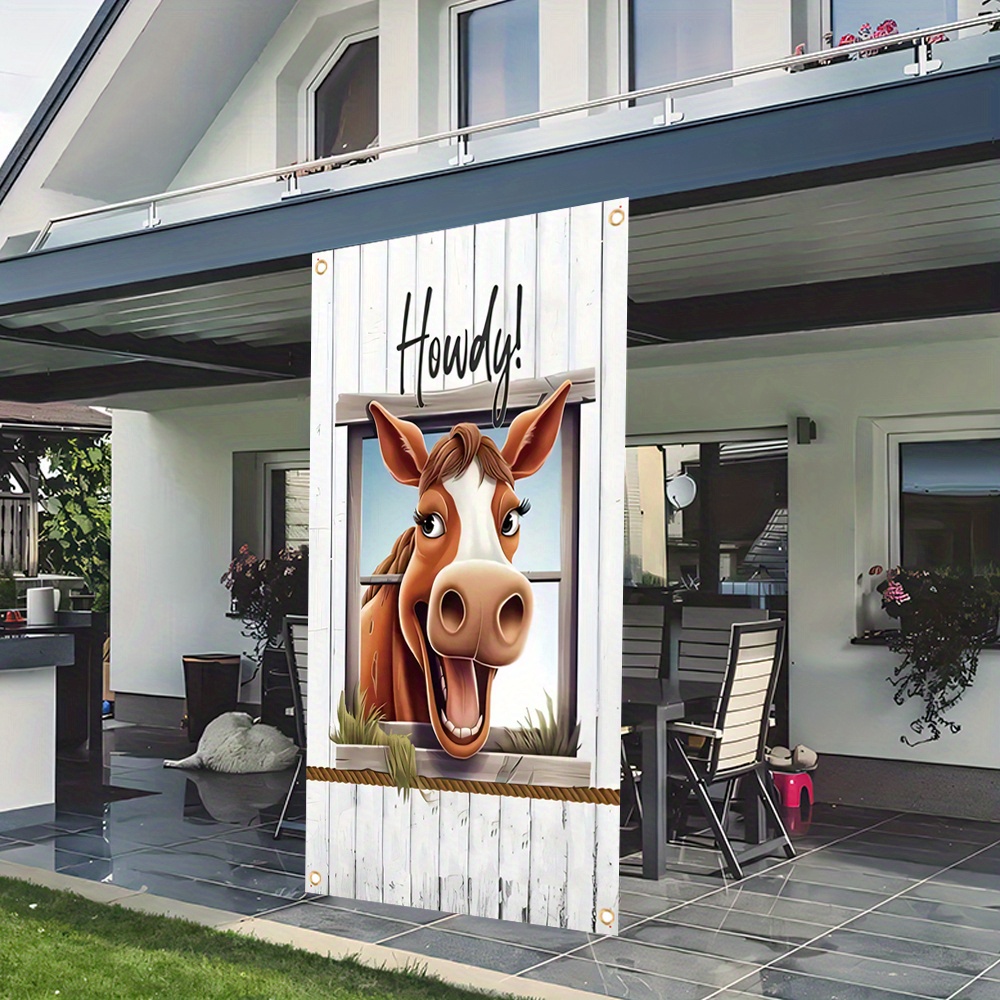 

1pc, 70x35 Inch Door Cover Banner,vinyl, Front Door Decoration, Photo Background Welcome Banner,fun And Cute Horse Farm Welcome, Spring, Summer, Autumn And Winter Animals