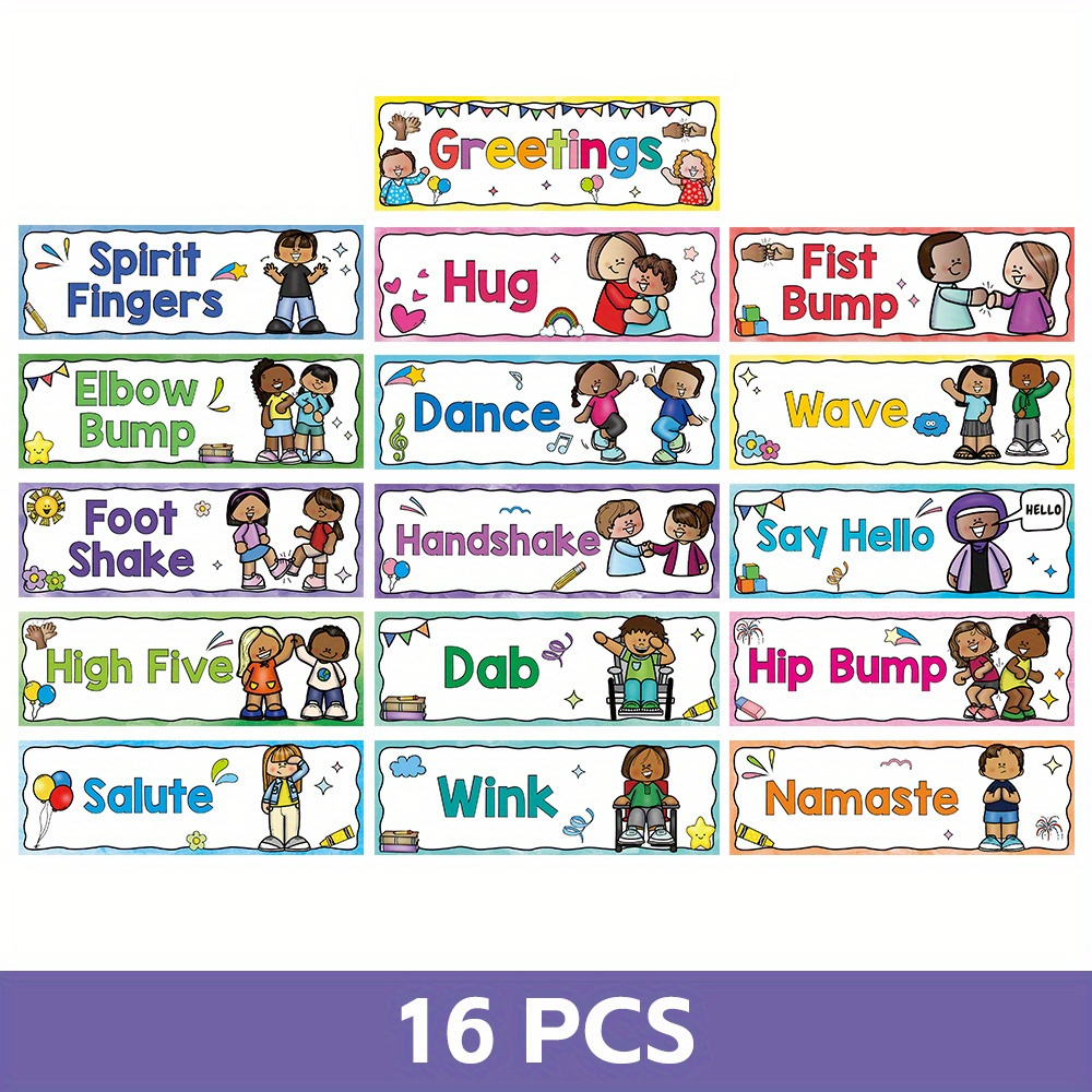 

16pcs Morning Greetings Posters For Kids - Classroom Rules Decorations, Office Decor - Back To School, Teacher Supplies, Kindergarten, Elementary, Homeschool Learning Decor