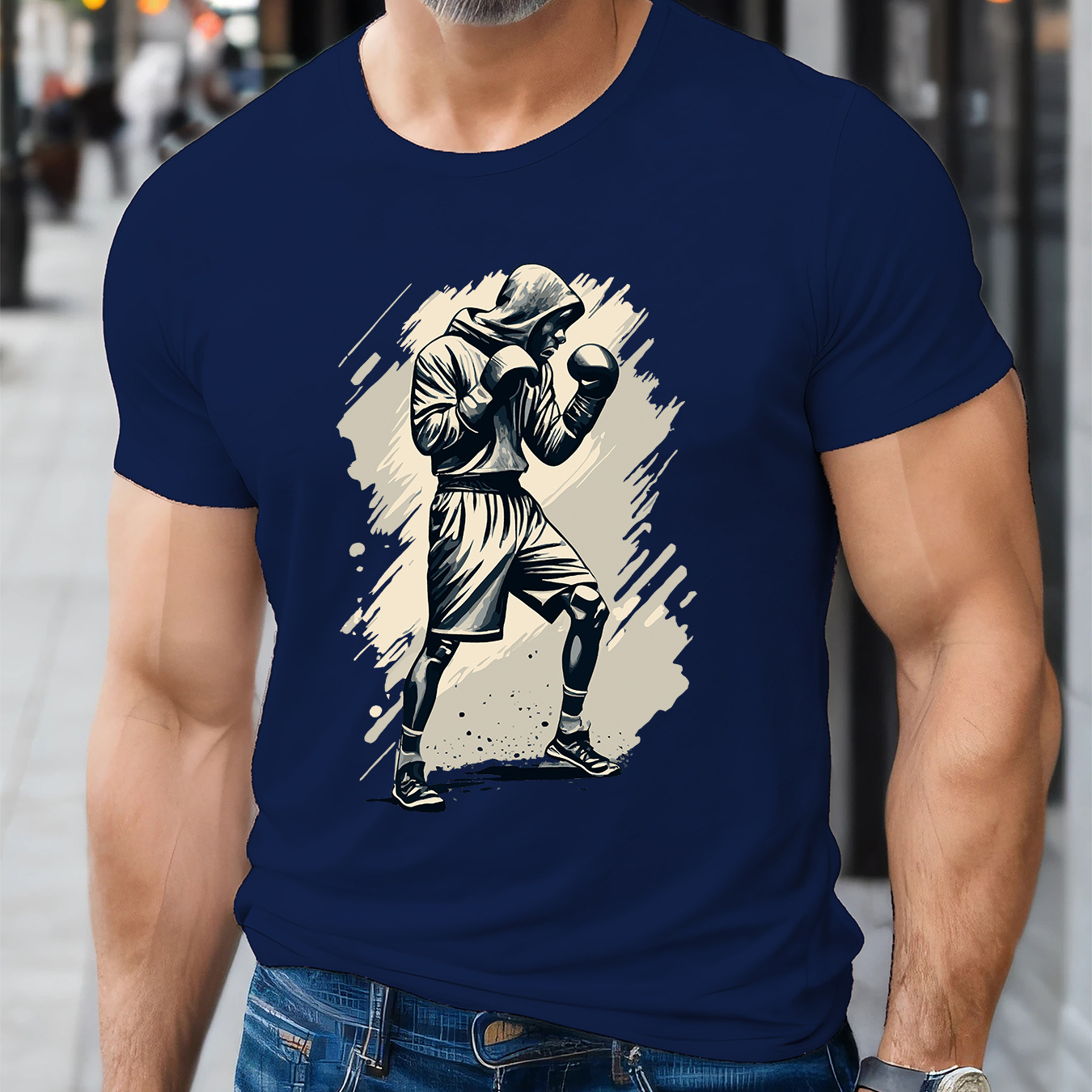 

Men's Boxer Print T-shirt, Casual Short Sleeve Crew Neck Tee, Men's Clothing For Summer Outdoor