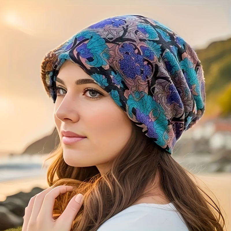 

Boho Floral Print Slouchy Beanie - Breathable Polyester, Lightweight Warm Skull Cap For Women - Autumn & Chemo Hat