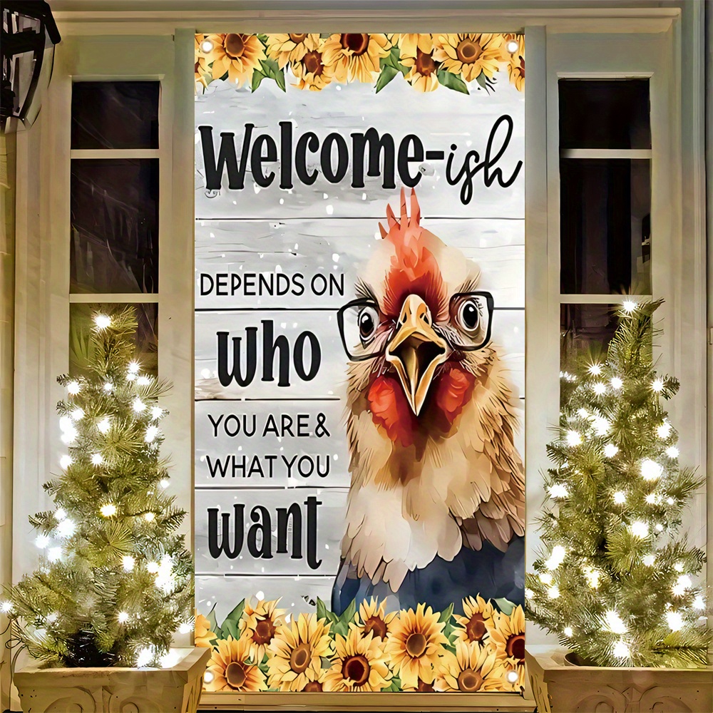 

1pc, 70x35 Inch Door Cover Banner, Vinyl, Front Door Decoration, Photo Background Welcome Banner, Rooster Welcomes Farm, Welcome