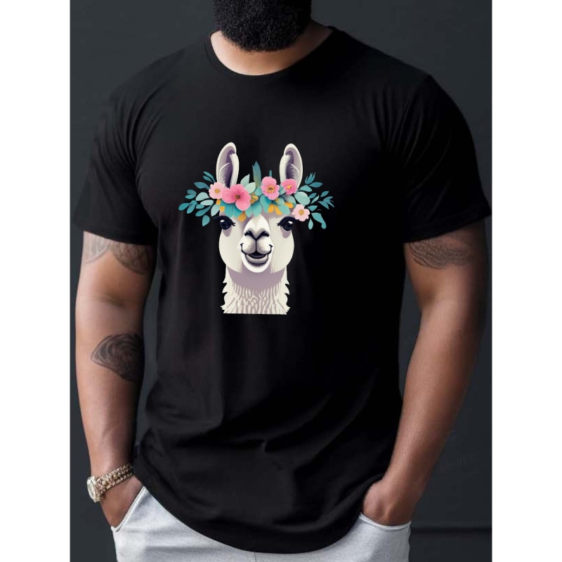 

Cartoon Llama & Wreath Print T-shirt For Men, Trendy Short Sleeve Top, Men's Clothing