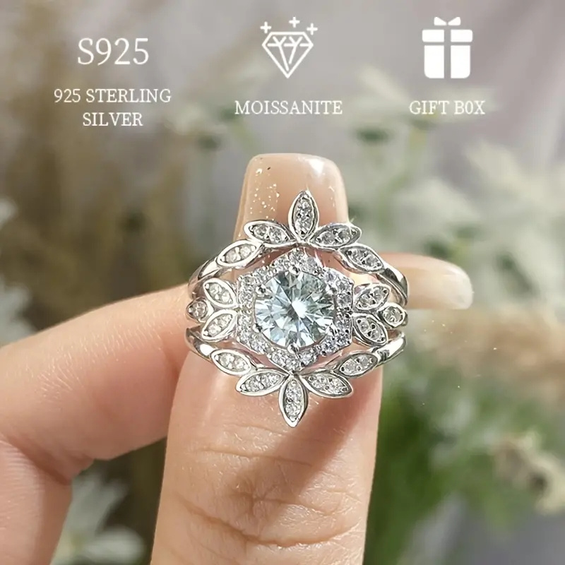 elegant 1ct moissanite ring set 3pcs s925 sterling silvery hypoallergenic   leaf design for   for engagement wedding valentines mothers day gift   certificate luxury gift box details 0