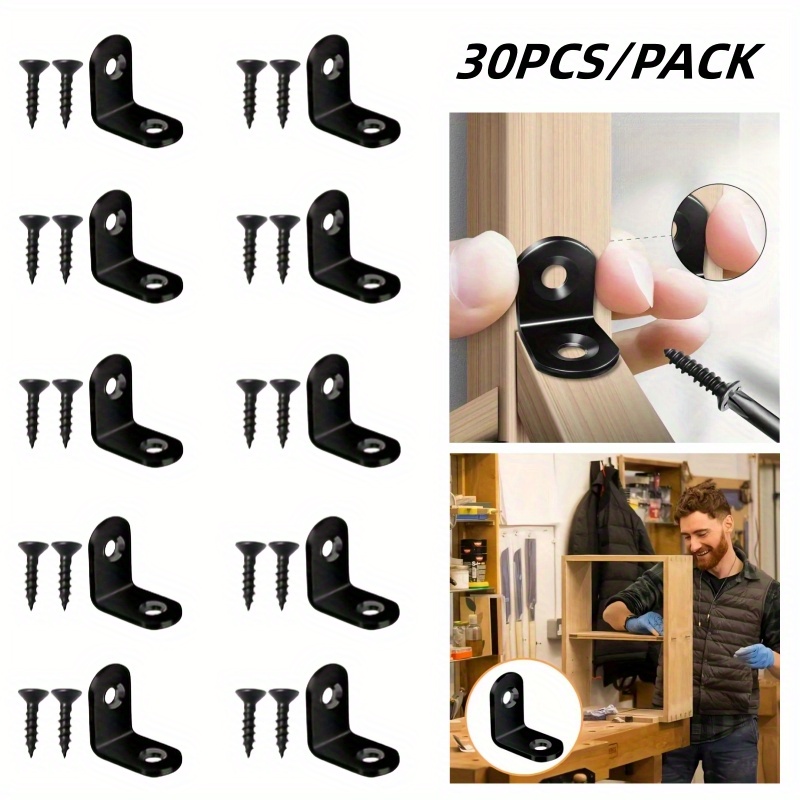 

30pcs/pack Black L-shaped Right Angle Support Angle Bracket Accessories With Screws, Wardrobe Fixed Divider Wall Plate Bracket, Thickened Angle Code
