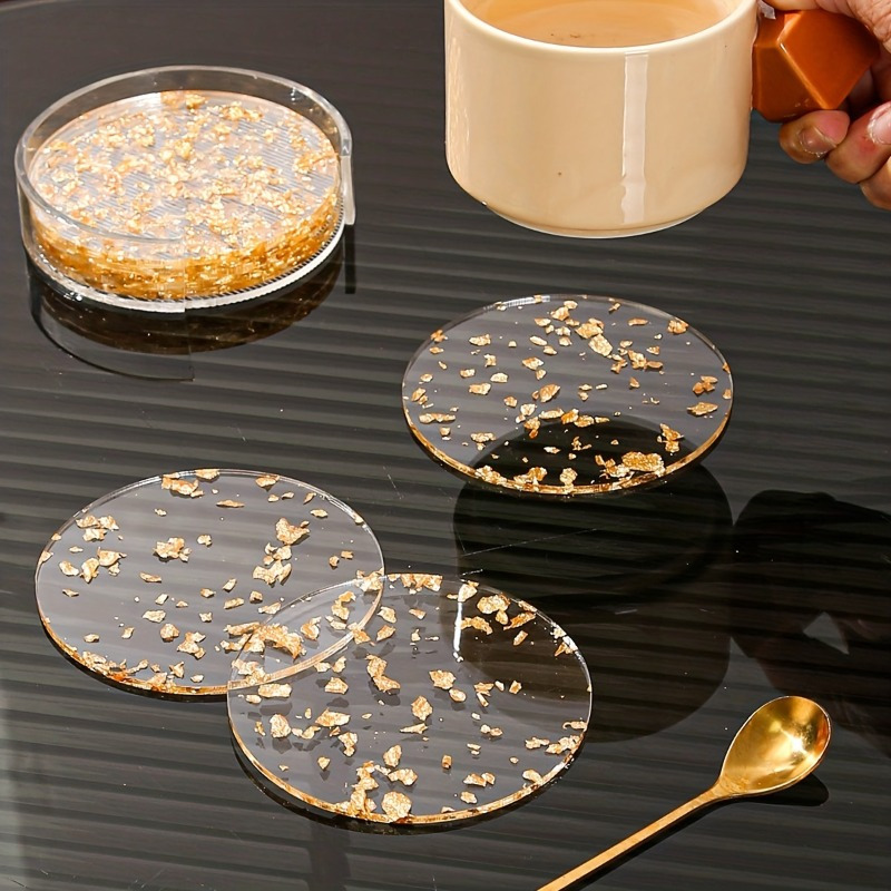 

2pcs/4pcs, Golden Foil Acrylic Coaster Set With Storage Cover - Perfect For Parties And Home Decor Gifts, Table Decors, Drinkware Accessories