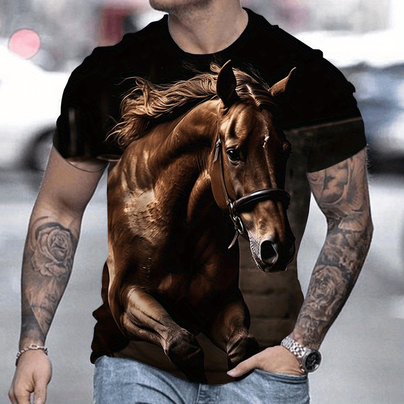 

Running Horse 3d Graphic Print Men's Creative Short Sleeve Crew Neck T-shirt, Summer Outdoor