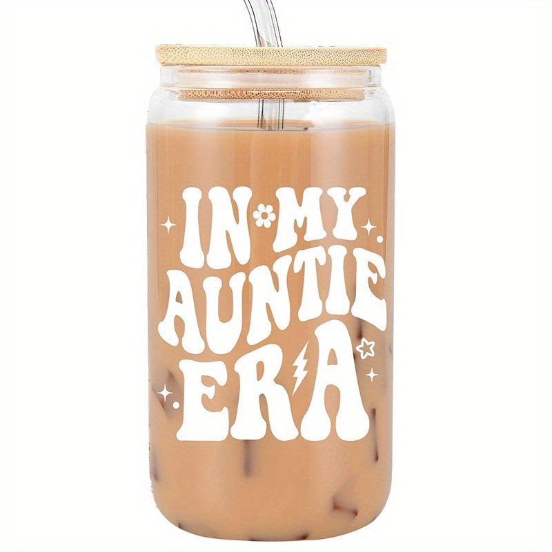 

1set, Cute Aunt Gift - Iced Coffee Cup, 16 Oz Jar Shaped Glass With Lid And Straw - Easter Birthday Gift For Aunt, Best Aunt, New Aunt - Aunt Gift For Niece, Nephew