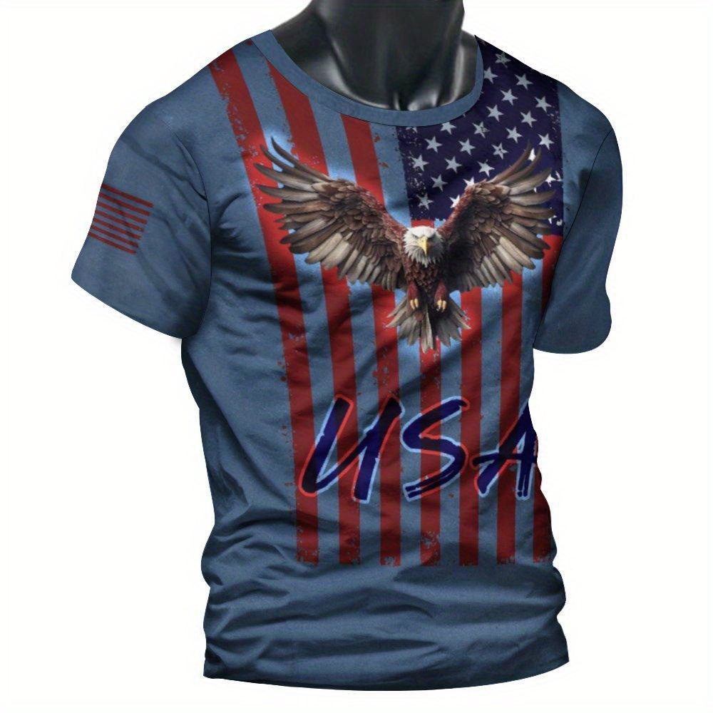 

Eagle And Flag Print T-shirt, Men's Casual Street Style Stretch Round Neck Tee Shirt For Summer