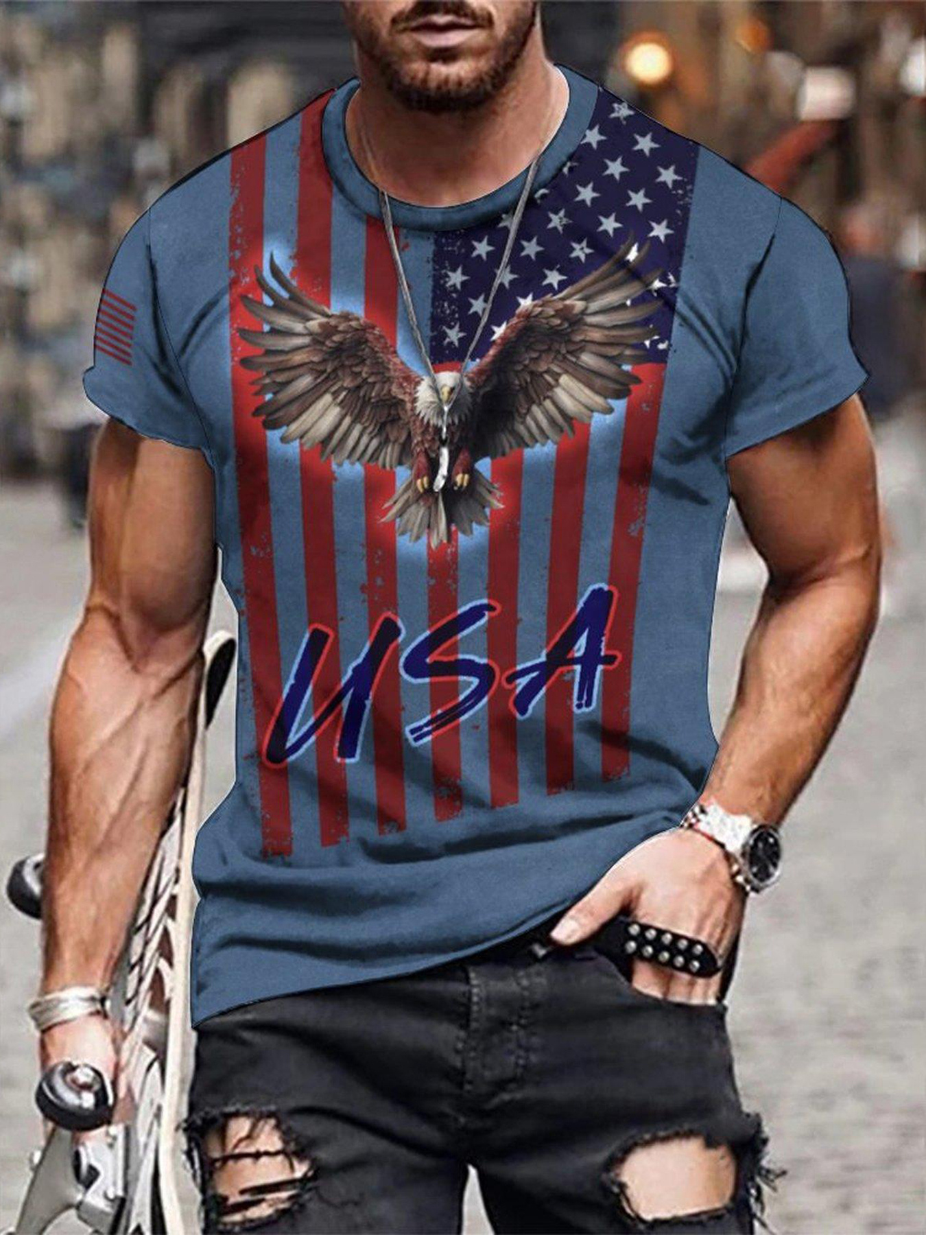 eagle and flag print t shirt mens casual street style stretch round neck tee shirt for summer details 2