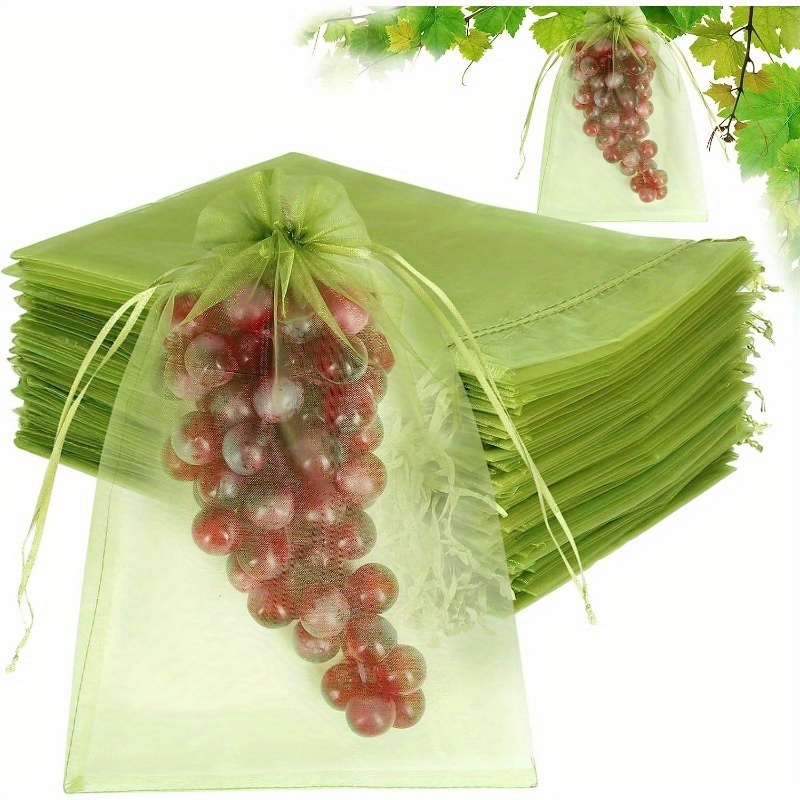 

50pcs Fruit Protection Bags 8x12 Inch, Green Netting Cover Bags Drawstring Mesh Fruit Protectors Pest Barrier For Grapes Mango Fruit Trees Veggies Garden