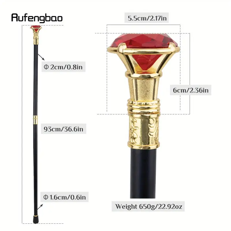 red artificial diamond type golden elegant walking cane retro decorative walking stick gentlemen luxury crosier knob walking stick 93cm halloween cosplay photo props larp party supplies stage performance accessories details 2