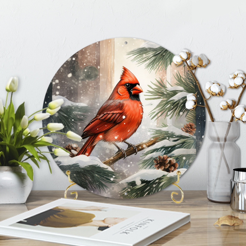 

1pc 8x8inch Aluminum Metal Sign, Red Bird In Pine Tree Snowing Round Wreath Sign, For Bedroom Garden Bathroom Garage Hotel Cafe Office Bakery Decor