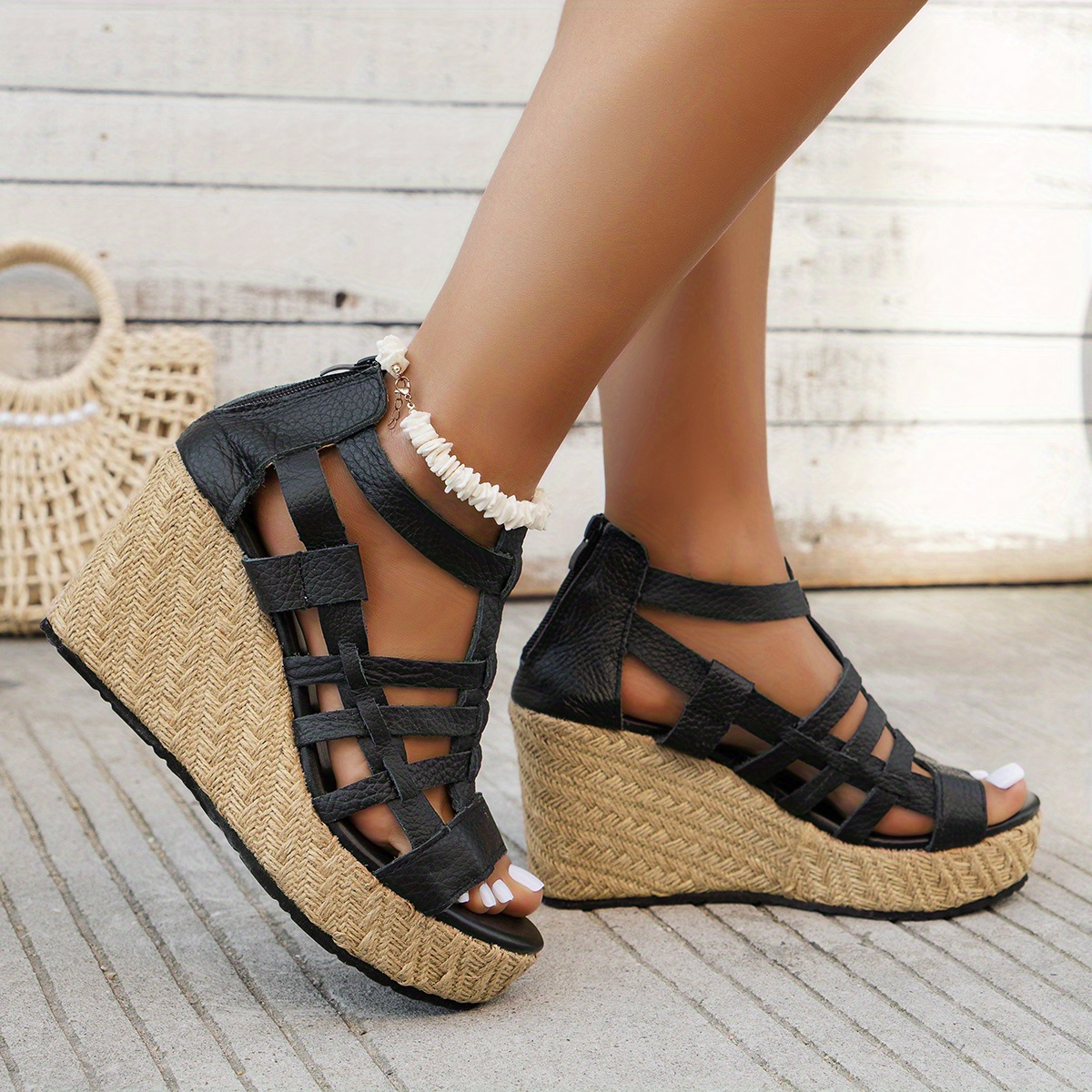 womens solid color wedge heeled sandals casual open toe platform shoes comfortable back zipper sandals details 1