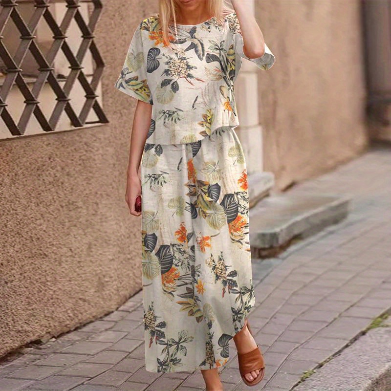 

Casual Floral Print Cotton Pantsuits, Short Sleeve T-shirt & Wide Leg Pants Outfits, Women's Clothing